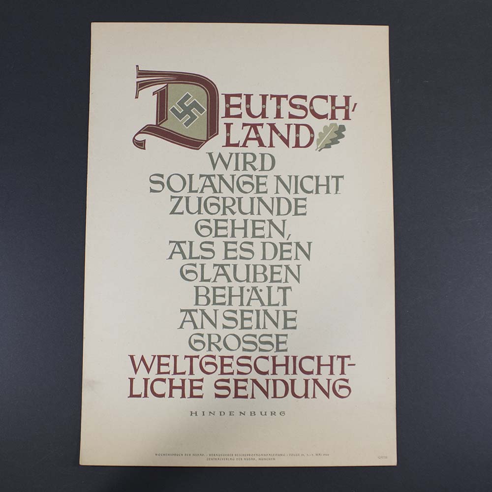Front view of original NSDAP Wochenspruch poster No. 19 from May 3–9, 1942, featuring a quote by Hindenburg promoting Nazi ideology.