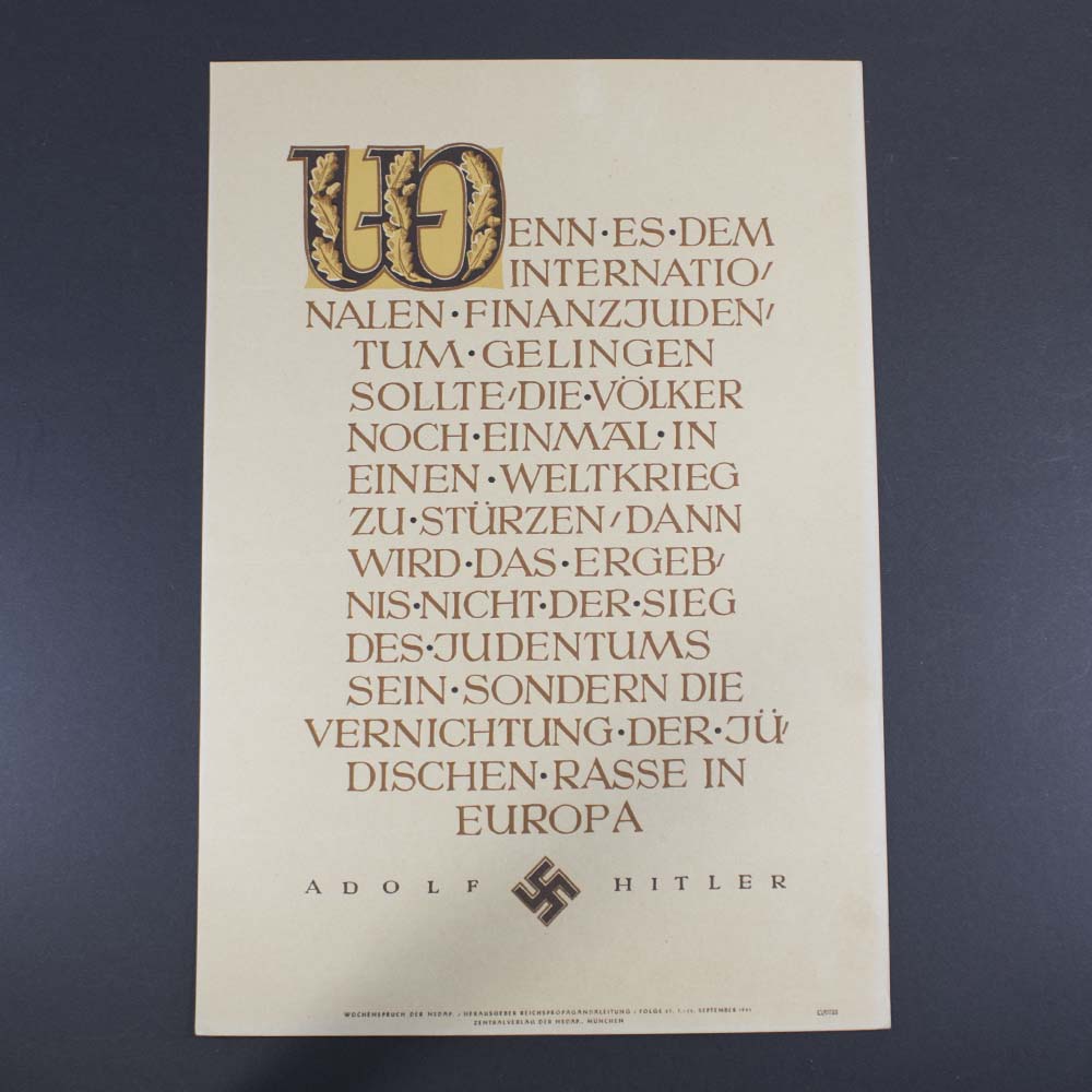 Front view of original NSDAP Wochenspruch poster No. 37 from September 1941, featuring a propaganda quote attributed to Adolf Hitler, used during Nazi Germany