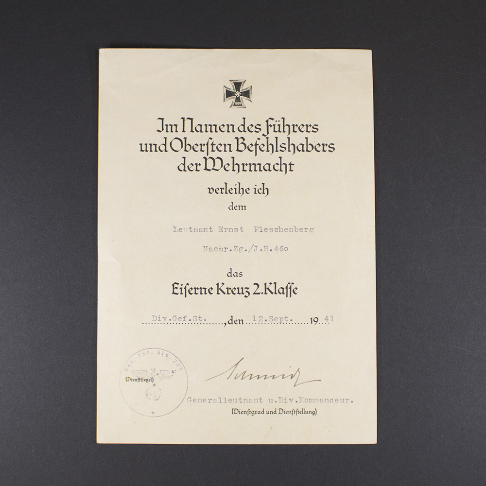 Front view of the Iron Cross 2nd Class award document in very good condition, showing printed German text, official stamp, and handwritten signature.
