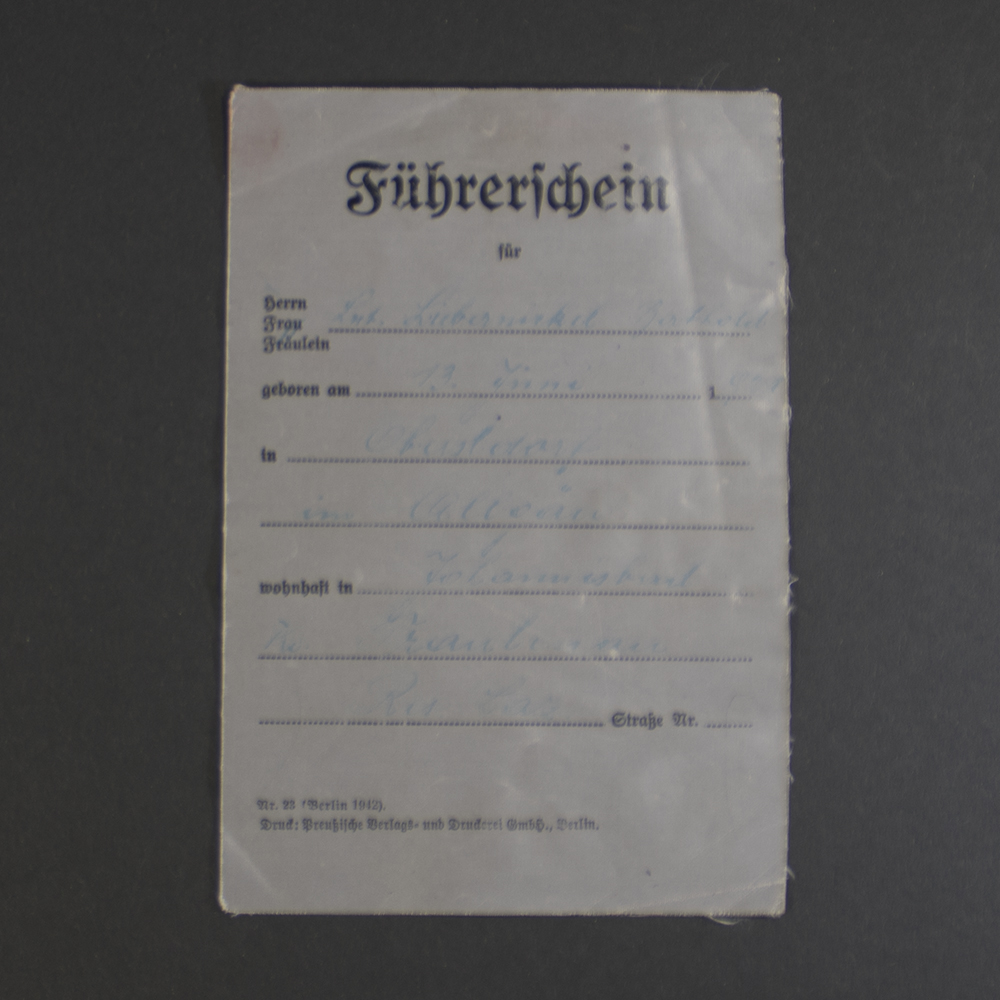 Front view of an original WWII German Führerschein (driver’s license) in used condition, showing authentic cover details.