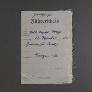 Front view of an original WWII German Führerschein (driver’s license) in used condition, showing authentic cover details.