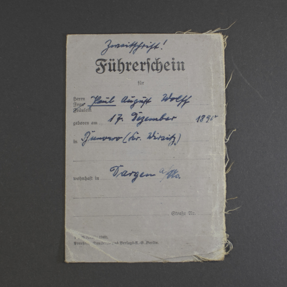 Front view of an original WWII German Führerschein (driver’s license) in used condition, showing authentic cover details.