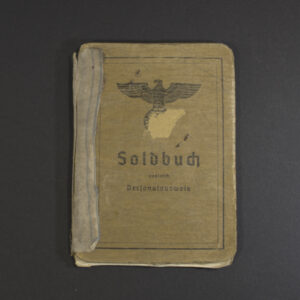 Front view of an original WWII German Soldbuch in heavily used condition, showing authentic cover details and wear.