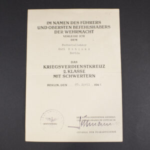 War merit cross award document