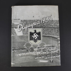 Front view of the cigarette album ‘Olympia 1936’ Summer Edition with dust cover, featuring Olympic rings and athlete illustration in vintage style