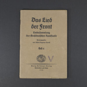 Front cover of the German WWII songbook ‘Das Lied der Front,’ featuring bold Gothic lettering, a military-themed illustration, beige background with visible aging marks.