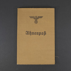 Front cover of a German Ahnenpass, featuring Gothic script title ‘Ahnenpass’ and decorative border on aged beige paper.
