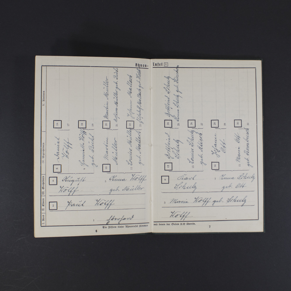 Inside pages of the Ahnenpass showing handwritten entries, official stamps, and printed sections for family lineage and ancestry details in German text