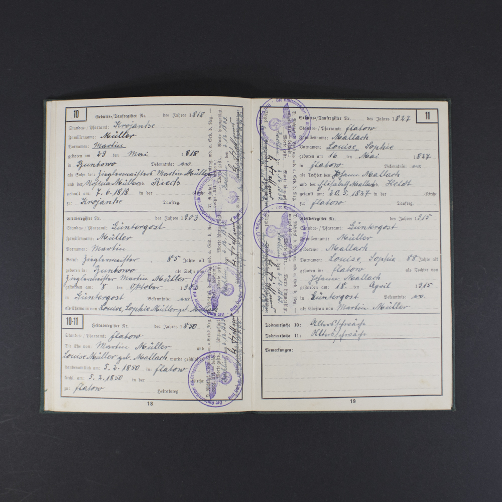 Inside pages of the Ahnenpass showing handwritten entries, official stamps, and printed sections for family lineage and ancestry details in German text