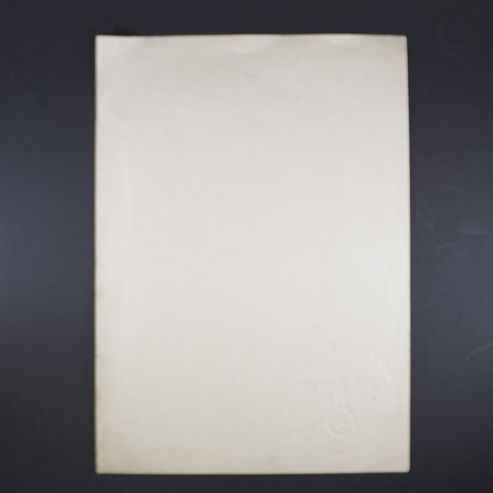 Clear back side of the War Merit Cross award document, displaying paper texture and any aging marks