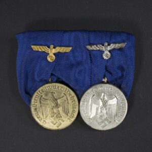 Medal bar featuring Wehrmacht 4-year and 12-year service medals, front view showing both medals and ribbon details.