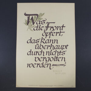 "Front of an NSDAP Wochenspruch poster featuring bold blackletter German text centered on a plain background. The quote is framed by a simple border, with the party emblem (swastika) in the lower corner. The design is minimalistic, emphasizing the ideological message."