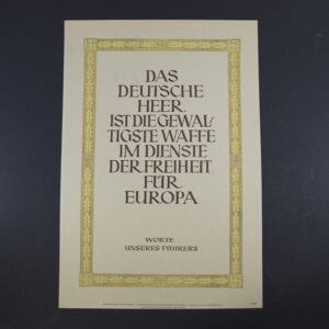 Front of an NSDAP Wochenspruch poster featuring bold blackletter German text centered on a plain background. The quote is framed by a simple border, with the party emblem (swastika) in the lower corner. The design is minimalistic, emphasizing the ideological message.