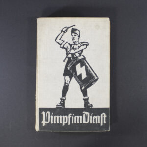 “Front cover of the book ‘Pimpf im Dienst,’ featuring a period-style illustration of a Hitler Youth boy in uniform, with bold German title text at the top.”