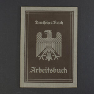 Front cover of a World War II German labor book, featuring the title ‘Arbeitsbuch’ and the Reich eagle emblem printed in black