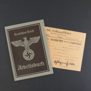 Front cover of a World War II German labor book, featuring the title ‘Arbeitsbuch’ and the Reich eagle emblem printed in black and extra document
