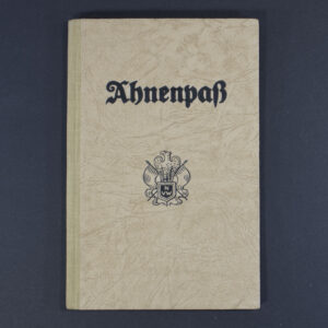Front cover of a World War II German Ahnenpass, featuring the title ‘Ahnenpass’ and emblem printed in black