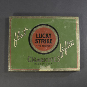 Front of vintage Lucky Strike Flat Fifties cigarette box, showing classic logo and design in good condition.
