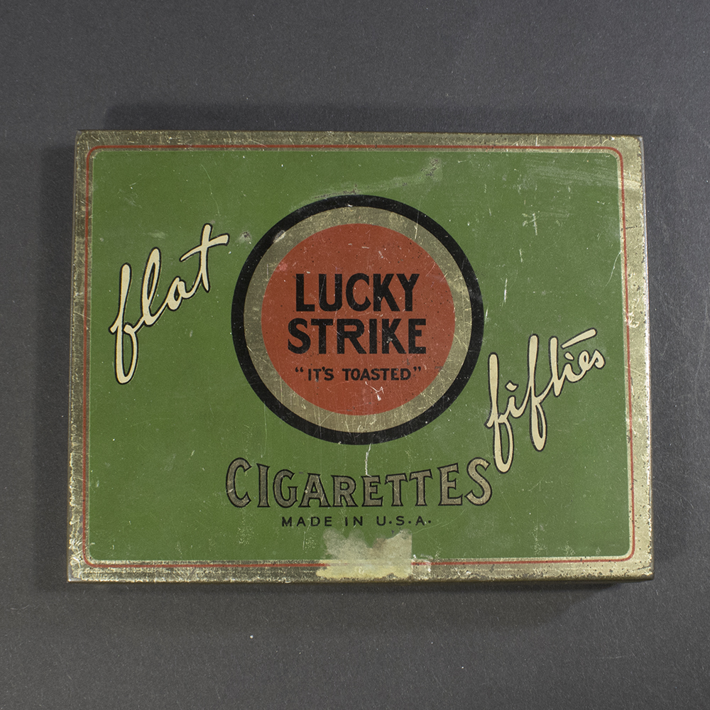 Front of vintage Lucky Strike Flat Fifties cigarette box, showing classic logo and design in good condition.