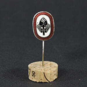 World War II German Reichsarbeitsdienst membership stick pin displayed flat, showing the small badge with spade and wheat motif attached to a slender pin
