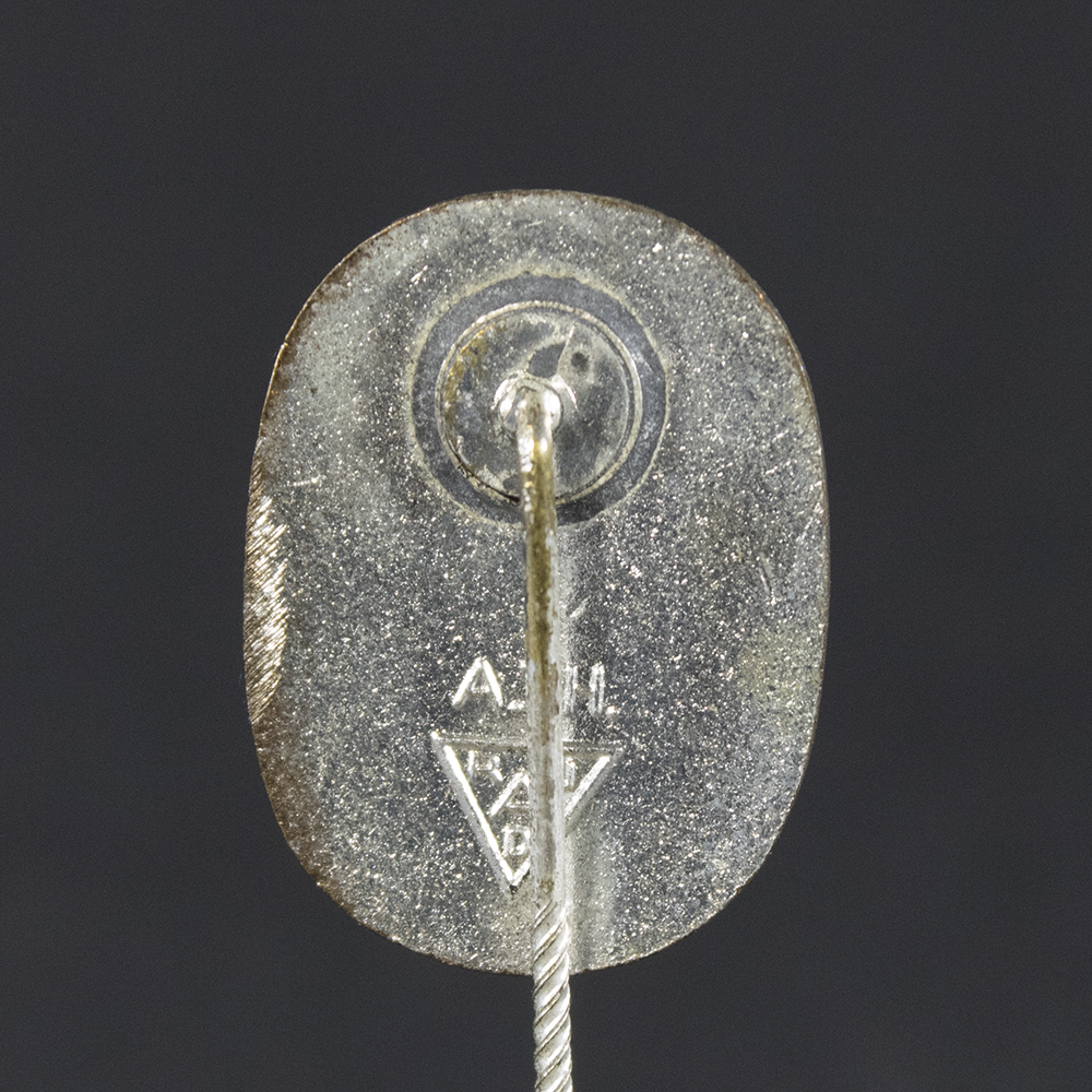 Back side of the WWII German Reichsarbeitsdienst membership stick pin, showing the smooth reverse surface and the pin attachment extending downward.