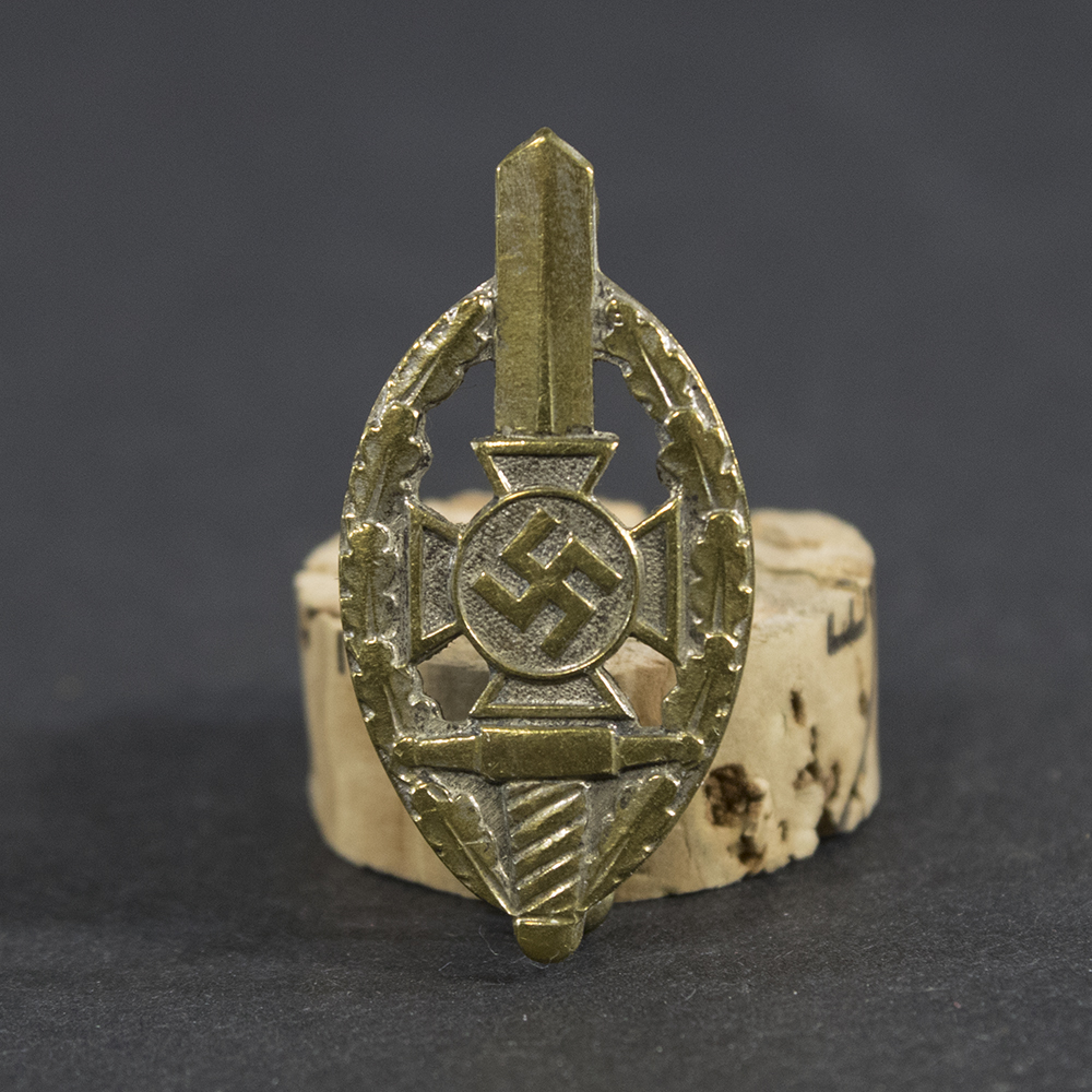 Overview of a WWII German NSKOV membership pin, showing the small metal badge with its enamel design and fastening post.