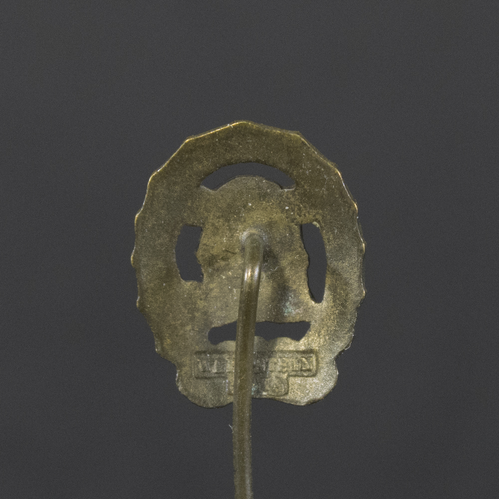 Back side of the WWII German Bronze DRL stick pin, showing the smooth reverse surface and the pin attachment mechanism