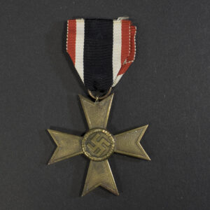 Full view of a World War II German War Merit Cross 2nd Class without Swords, showing the bronze‑colored Maltese‑style cross and its red‑white‑black striped ribbon.