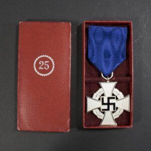 Front view of a German WW2 Faithful Service Medal in silver finish displayed inside its open presentation case, showing the silver cross with dark blue center and attached ribbon.
