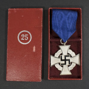 Overview of a WWII German Faithful Service Medal with its original case, showing the front and back of the medal side by side.