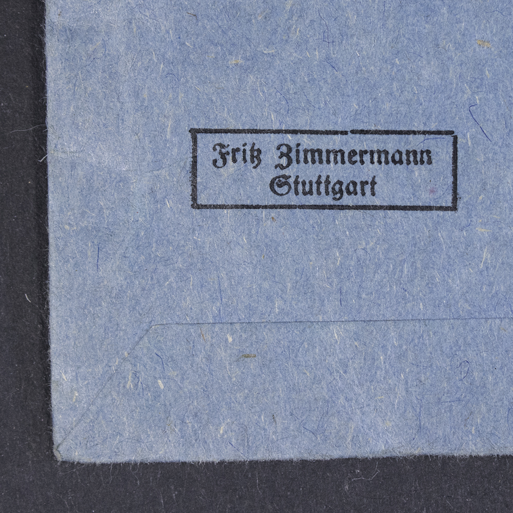 Close-up of the maker mark printed on the back of the WWII German Mother’s Cross cloth bag
