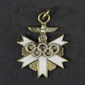 Front view of a WW2-era German 1936 Munich Olympic Games commemorative medal, 2nd Class miniature.