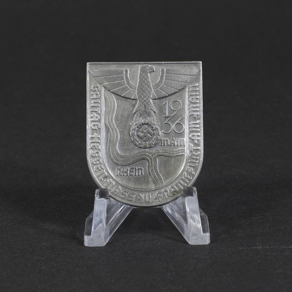 Overview of a WWII German Gautag Hessen‑Nassau Frankfurt 1936 tinnie, showing the complete event badge.