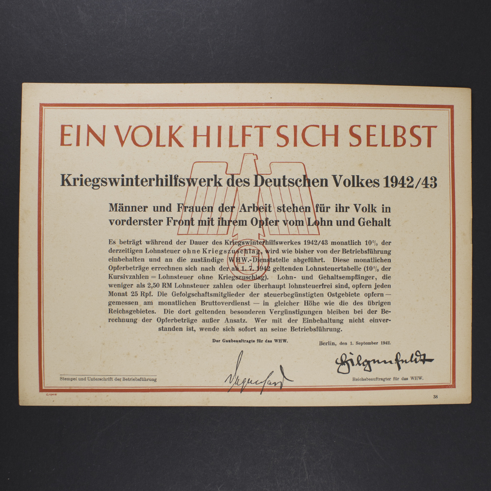 Front view of the Winterhilfs poster "Ein volk hilft sich selbst" showing all details like the WHW logo and its age