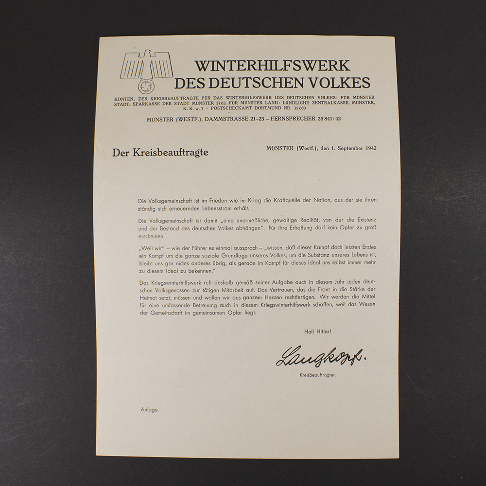 Front view of the Winterhilfs lette "Winterhilfswerk des deutschen volkes" showing all details like the WHW logo and its age