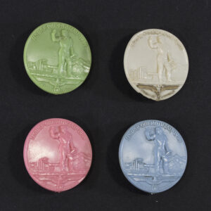 Front view of a set of 4 NSDP Oberdonau 1939 Kreistag Abzeichen badges. showing all their detail.