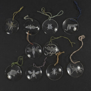 Front view of a complete set of ten German WWII Winterhilfswerk “Tiere des Dorfteiches” glass badges, each depicting a different animal from a village pond, arranged together as a complete series.