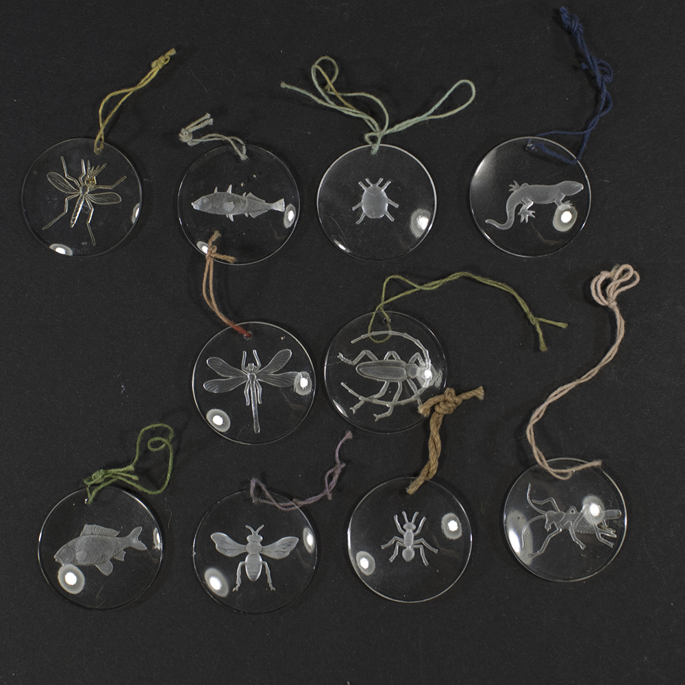 Front view of a complete set of ten German WWII Winterhilfswerk “Tiere des Dorfteiches” glass badges, each depicting a different animal from a village pond, arranged together as a complete series.