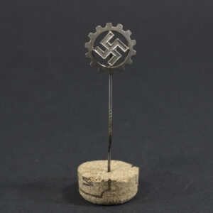 Overview of a World War II-era German DAF (Deutsche Arbeitsfront) membership pin displayed on a neutral background, showing its circular form and enamel design.