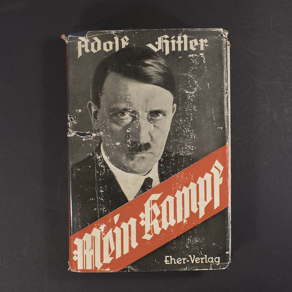Front view of a 1935 German edition of Mein Kampf showing the original dust jacket.
