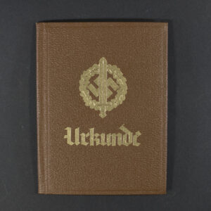 Front cover of a World War II-era German SA Sport Badge award booklet in brown color, featuring an image of the SA sports badge and the word “Urkunde” printed prominently.