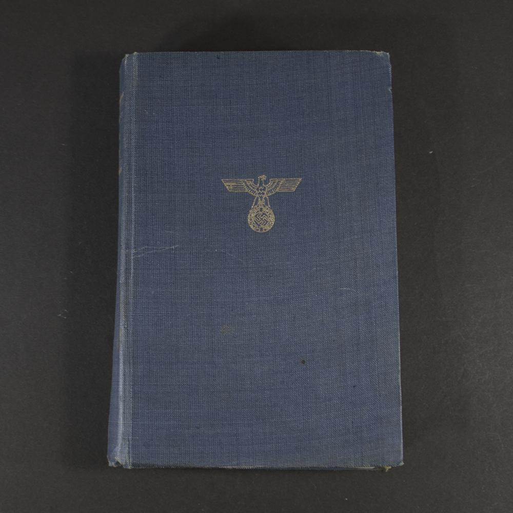 Front cover of a 1943 German edition of Adolf Hitler’s Mein Kampf (Volksausgabe), showing the original publisher’s binding and title on the cover.