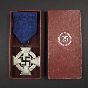 Front view of a German WWII 25 Years Faithful Service Medal displayed in its original presentation case by Friedrich Keller.