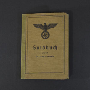 Front cover of an original German WWII Soldbuch, featuring the title "Soldbuch zugleich Personalausweis" and the military eagle emblem on a brown card cover.