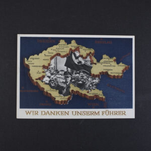 Original 1939 German propaganda postcard featuring a map of the Sudetenland with period political imagery, a crowd scene with flags in the center, surrounding city names, and the German slogan “Wir Danken Unserm Führer” along the bottom border.