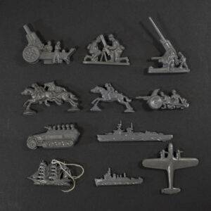 WWII German WHW Wehrmacht set of 11 grey plastic miniature figures arranged in four rows front view